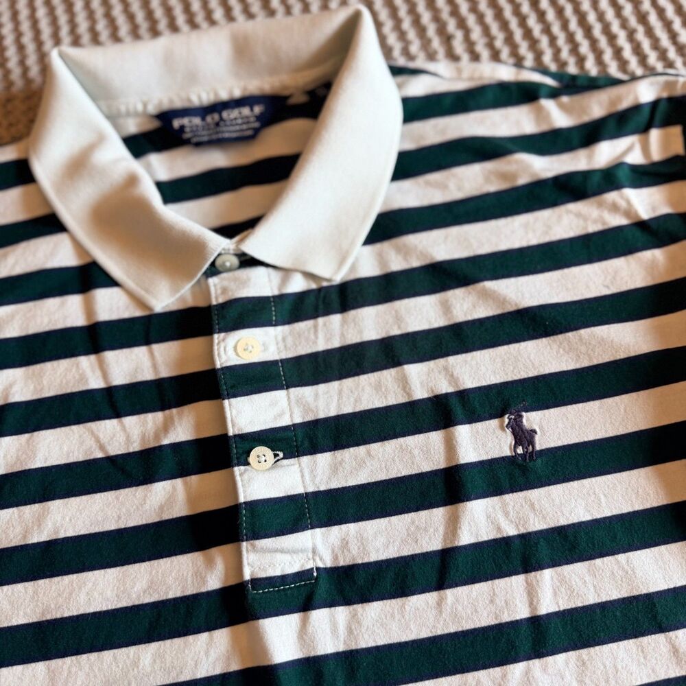 Polo Golf Ralph Lauren Shirt XL Pima Cotton Green Striped Palmetto Sleeve Logo